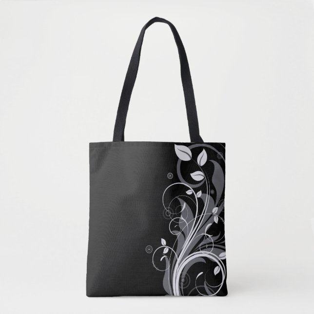 Tote Bag Motif floral gris sur le noir (Devant)