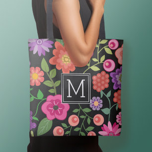 Tote Bag Motif floral noir tendance avec Monogramme personn