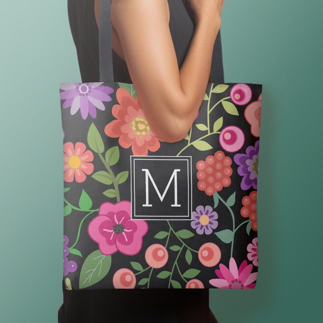 Tote Bag Motif floral noir tendance avec Monogramme personn (Personalized tote bag - add your name or other text)