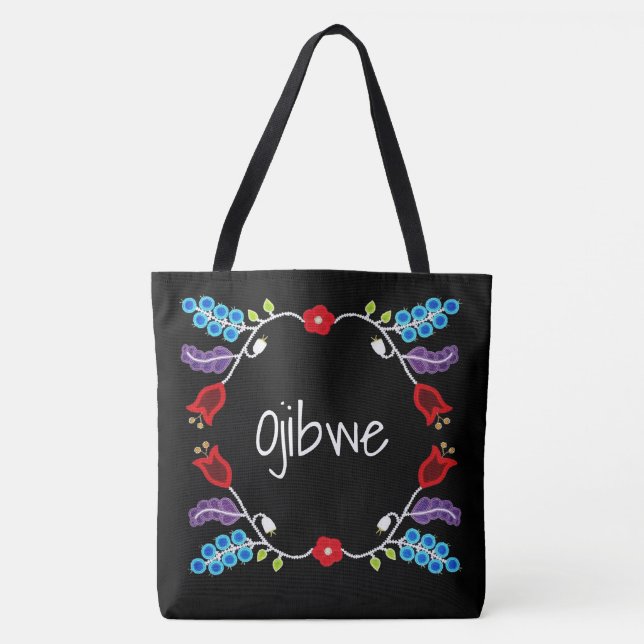 Tote Bag Motif Floral Ojibwe noir (Devant)