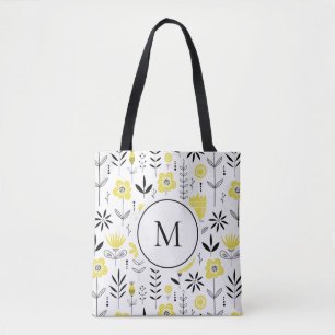 Tote Bag Motif floral scandinave jaune Monogramme