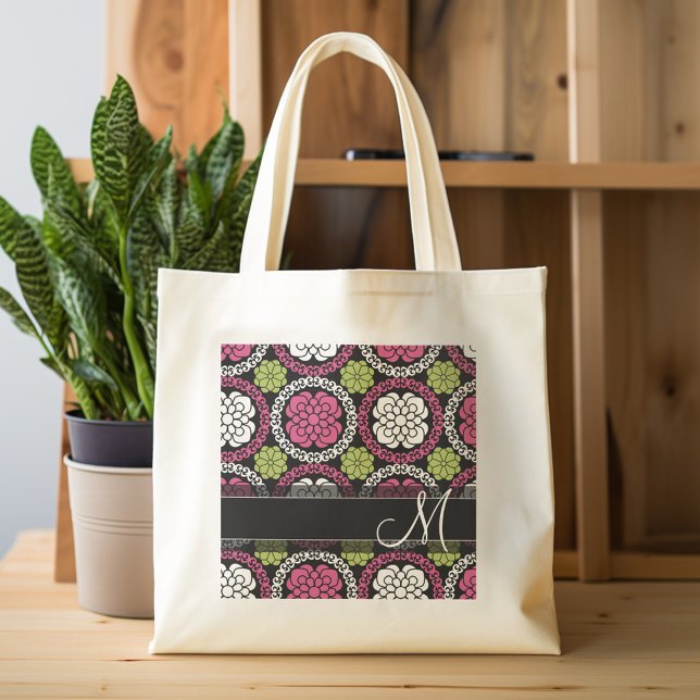 Tote Bag Motif floral tendance Hot rose et noir Monogramme (Personalized tote bag with custom text)