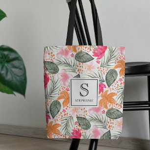 Tote Bag Motif floral tropical aquarelle monogramme chic