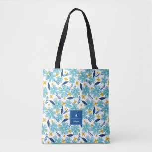 Tote Bag Motif floral tropical blanc bleu - ajoutez votre
