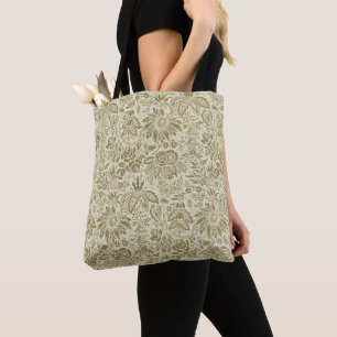 Tote Bag Motif Floral Vert Sage Antique Damas
