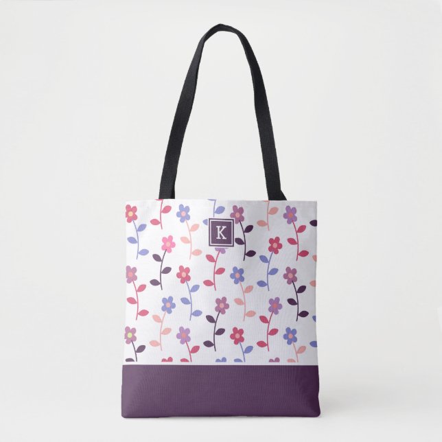 Tote Bag Motif floral violet avec monogramme (Devant)