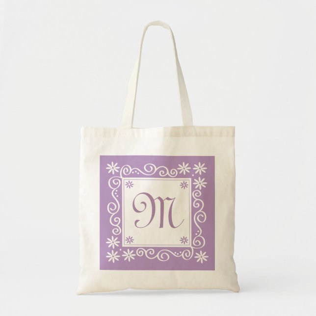Tote Bag Motif floral violet décoré d'un monogramme (Devant)