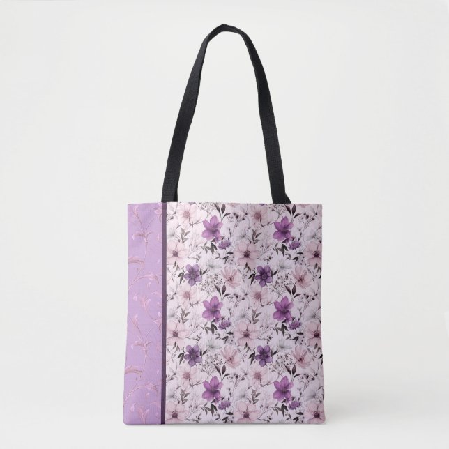Tote Bag motif floral violet et rose (Devant)