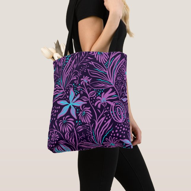 Tote Bag Motif floral violet foncé moderne (De près)