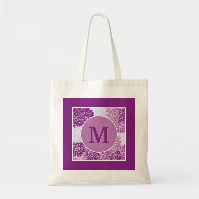 Tote Bag Motif floral violet foncé monogramme (Devant)
