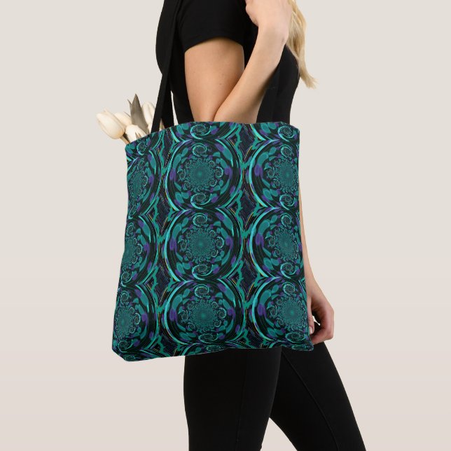 Tote Bag Motif fractal noir et sarcelle moderne (De près)