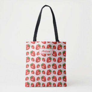 Tote Bag Motif Fraise Rouge Sur Fond Rose Avec Texte Person