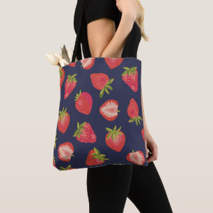 Tote Bag Motif fraise sur fond bleu