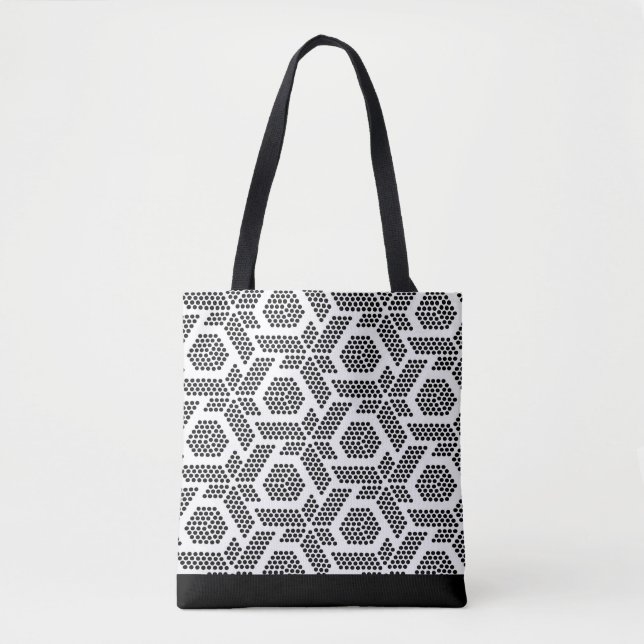 Tote Bag Motif géométrique à points blancs en noir (Devant)