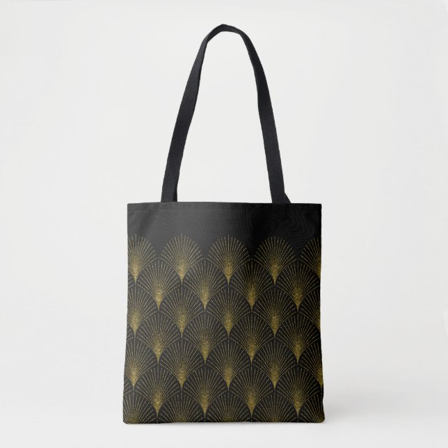 Tote Bag Motif Géométrique Art Déco Noir Et Or (Devant)