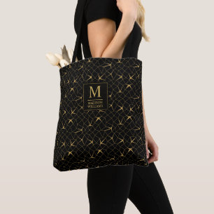 Tote Bag Motif géométrique de luxe pailleté noir et or