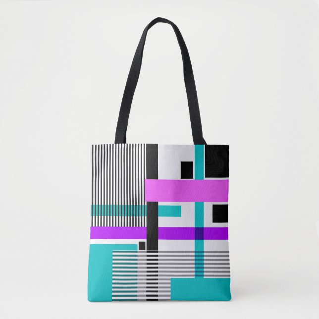 Tote Bag motif géométrique en couleurs rayées et néons (Devant)