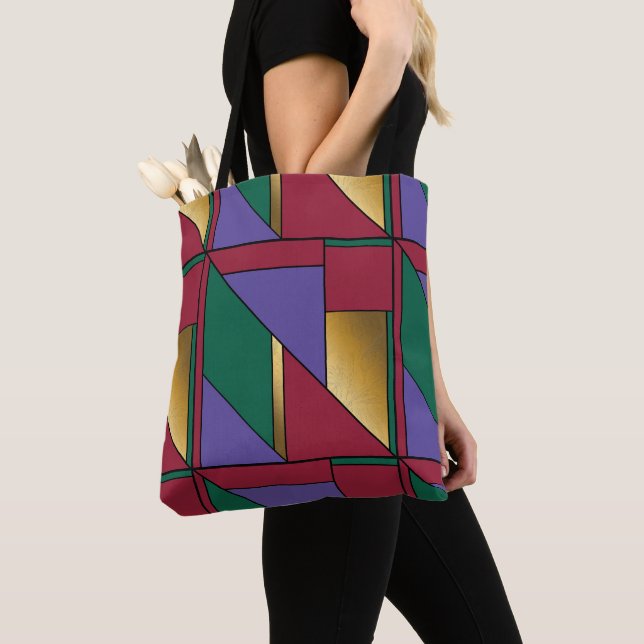 Tote Bag Motif géométrique Gold violet vert rouge (De près)