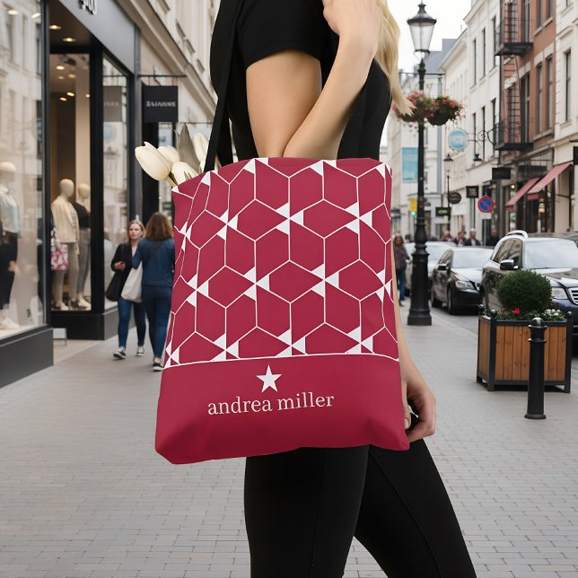 Tote Bag Motif géométrique moderne avec monogramme étoile (red shopping tote bag)