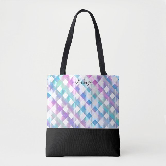 Tote Bag Motif Gingham Bleu Iridescent avec Monogramme (Devant)