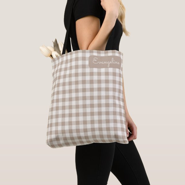 Tote Bag Motif Gingham Carreaux Neutre Nom (De près)