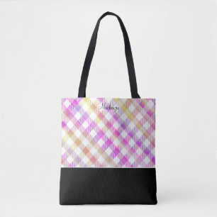 Tote Bag Motif Gingham Rose Iridescent avec Monogramme