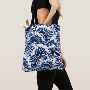 Tote Bag Motif japonais de fleurs de lotus bleu et blanc
