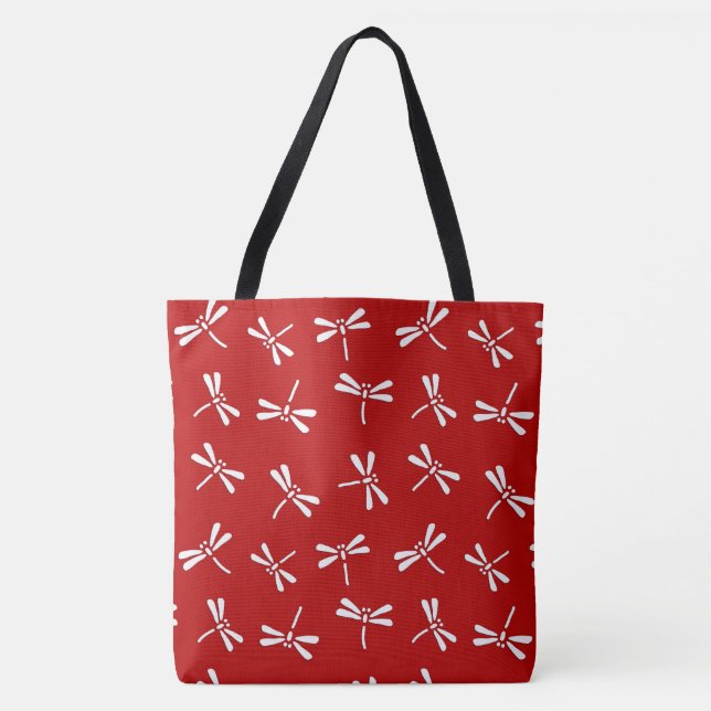 Tote Bag Motif japonais de libellule, rouge-foncé et blanc (Devant)