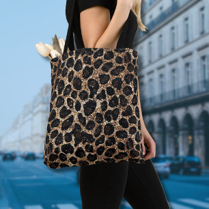 Tote Bag Motif Léopard Noir Marron Or Pailleté Luxe