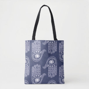 Tote Bag Motif Main Bleu & Blanc Hamsa / Défense oculaire