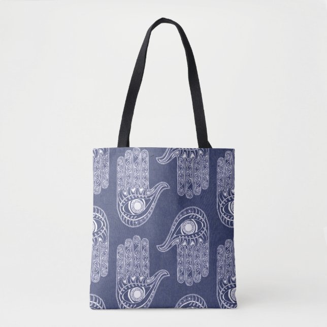 Tote Bag Motif main de hamsa bleu et blanc / défense oculai (Devant)