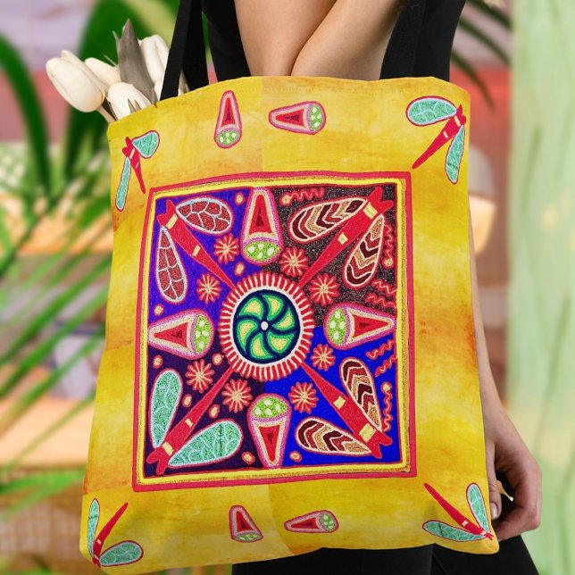 Tote Bag Motif mexicain Huichol Golden & Purple Art (Carry a piece of Mexican culture with you in our Mexican Huichol Golden & Purple Art Tote Bag.)