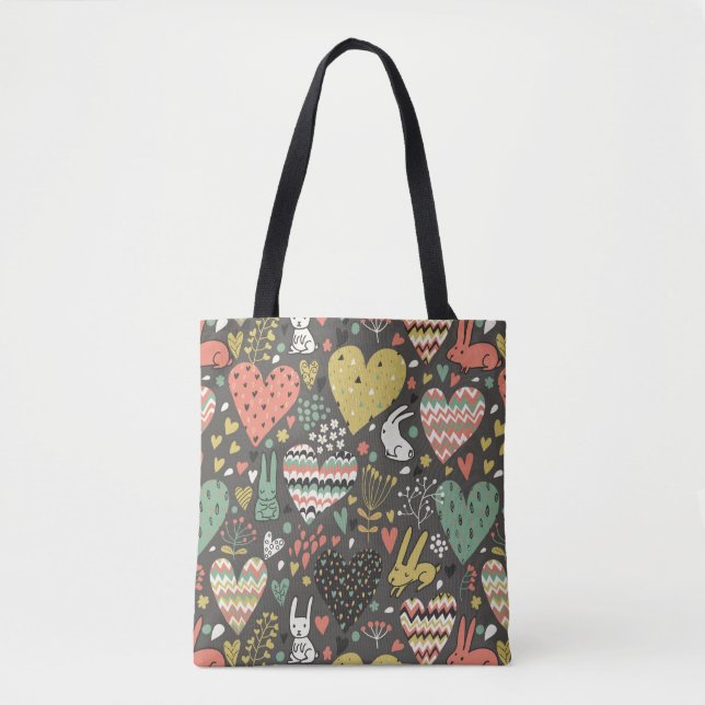 Tote Bag Motif mignon de lapins d'amour avec des coeurs (Devant)