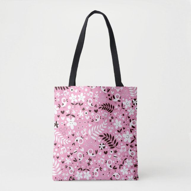 Tote Bag motif mignon de rose d'oiseaux et de fleurs (Devant)