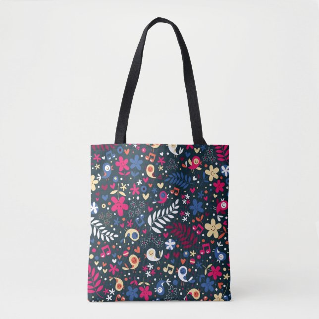 Tote Bag motif mignon d'oiseaux et de fleurs (Devant)