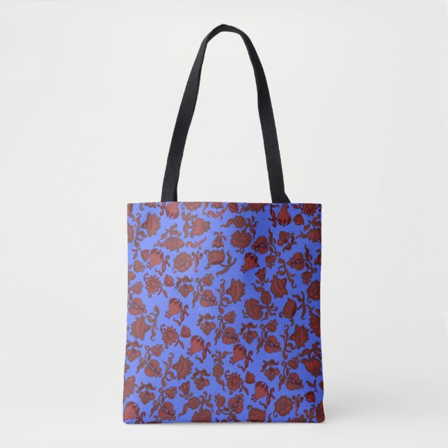 Tote Bag Motif moderne bleu rose rouge peint Damas (Devant)