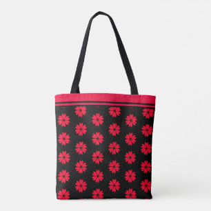 Tote Bag Motif moderne de fleurs de coeur rouge sur noir