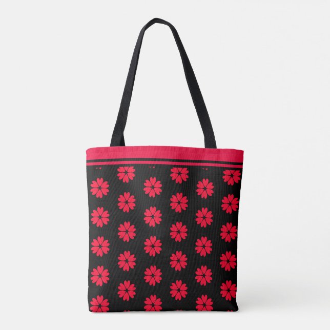 Tote Bag Motif moderne de fleurs de coeur rouge sur noir (Dos)