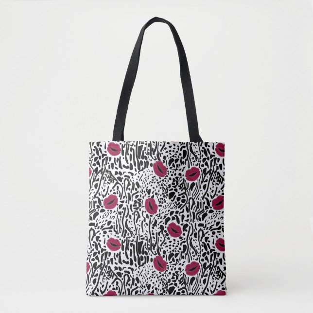 Tote Bag Motif moderne des lèvres B&W de rouge à lèvres (Devant)