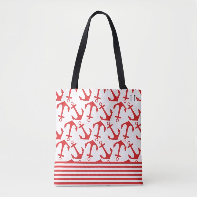 Tote Bag Motif Monogramme Ancre Rouge Côtière Élégante (Devant)
