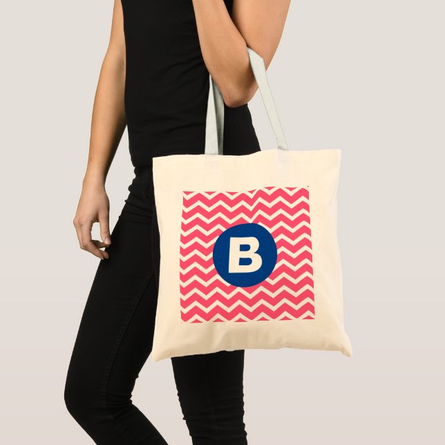 Tote Bag Motif monogramme chevron rose vif et blanc (Devant (produit))