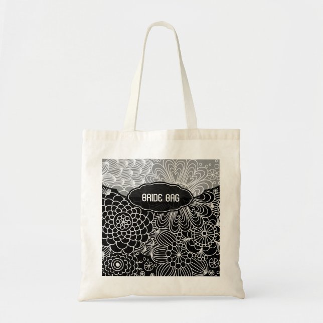 Tote Bag Motif-Monogramme de ligne florale blanche et noire (Devant)
