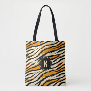 Tote Bag Motif monogramme rayures de tigre noir orange