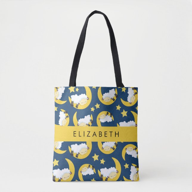 Tote Bag Motif mouton, Mouton dormant, Lune, Votre Nom (Devant)
