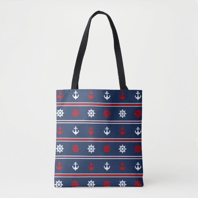 Tote Bag Motif nautique blanc et bleu rouge (Devant)