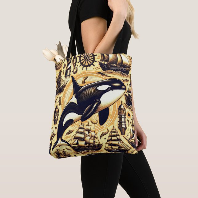 Tote Bag Motif Nautique Orca vintage (De près)