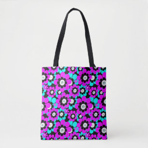 Tote Bag Motif Néon Floral Fleurs Violettes et Turquoise