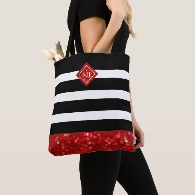 Tote Bag Motif noir et Parties scintillant rouge, Monogramm (De près)