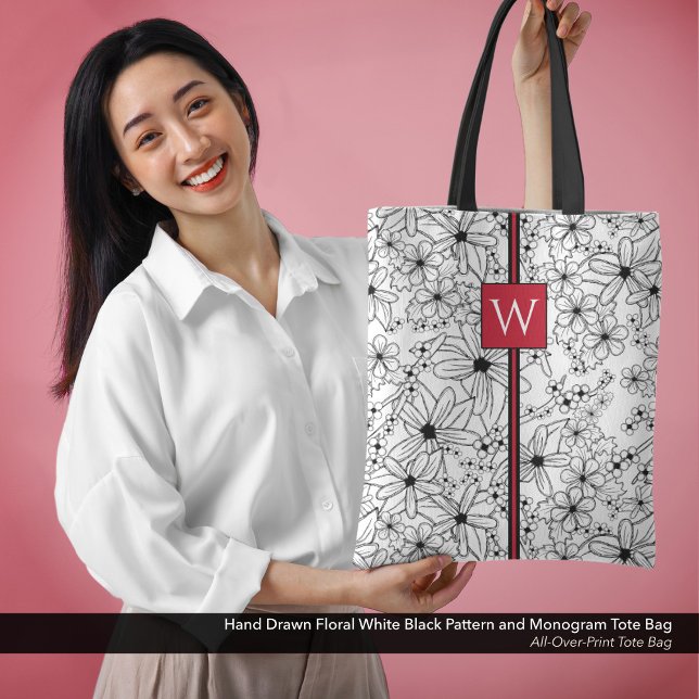 Tote Bag Motif noir floral et Monogramme blanc (All-Over-Print Tote Bag: Hand Drawn Floral Pattern in White and Black with Monogram in Red)