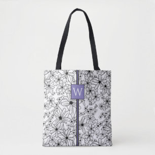 Tote Bag Motif noir floral et Monogramme blanc